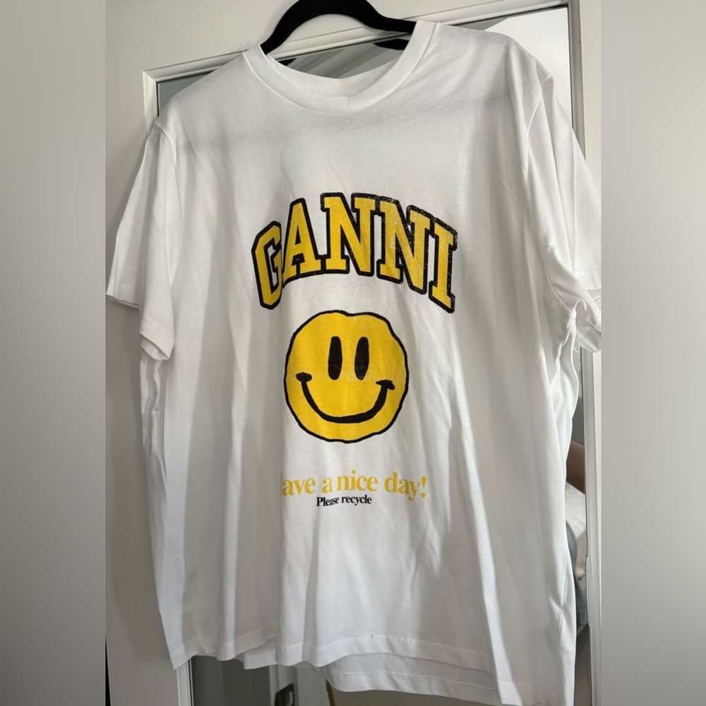 Ganni White Tee with Yellow Graphic Logo